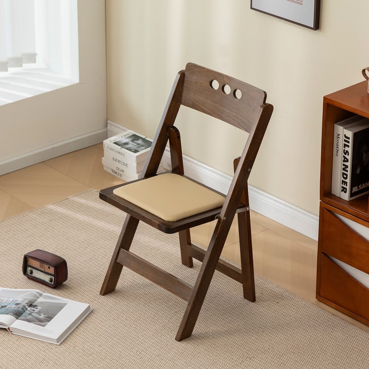 折りたたみ椅子 丸窓デザイン木製折りたたみ椅子